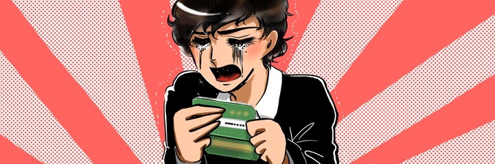 70年代少女漫画黒髪男子銀行通帳貯金が底をつき見て絶叫号泣するイラスト