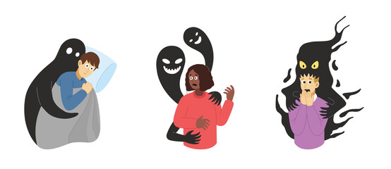 Psychological instability set. Phobias collection. People suffering from mental problems. Illustration in flat style