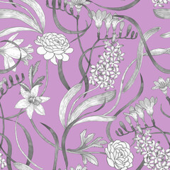 Seamless watercolor pattern with hyacinth, freesia and narcissus. Hand drawn background with spring flowers