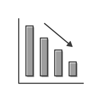 recommend clip art: 右肩下がりの黒い矢印と棒グラフ - 減少・下落・業績悪化のイメージ素材
                    