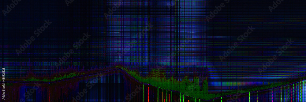 Poster dark abstract digital background: damaged screen matrix with interference of monitor and camera matr