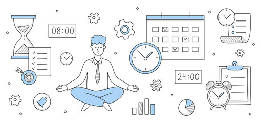 Businessman relaxing and meditating in lotus pose with office supplies and infographic doodle icons around. Worker avoid stress practicing mindfulness business yoga meditation, Vector illustration