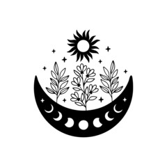 Celestial vector poster. Moon phases with wildflower, sun illustration. Modern art with floral moon. Hand-drawn boho decor. T shirt print, bohemian poster, witch sticker.