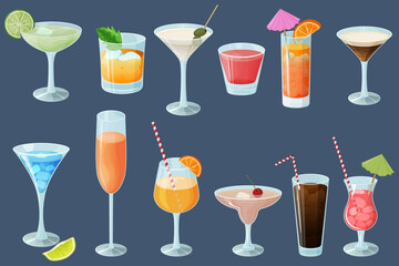 Cocktail set on a blue background.Alcoholic beverages in glasses and glasses.Daiquiri, martini, margarita, cosmopolitan, Long Island, blue lagoon and Pina colada.Vector illustration.