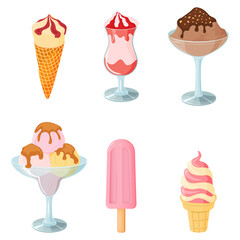Ice cream.Sweet summer dessert.Vector illustration.A set of ice cream with different flavors, textures and fillers.