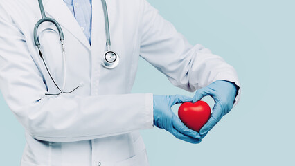 Female doctor in white uniform forms a heart shape with her hands. Minimal background. Banner copy...