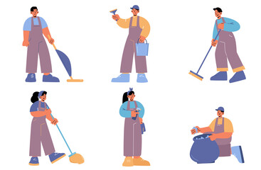 Fototapeta na wymiar Set of cleaning service characters in uniform work with equipment to clean room. Professional company workers with tools mop or vacuuming floor, rub, sweep, collect trash, Line art vector illustration