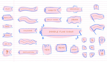 Collection of cute hand-drawn doodle flags, banners, ribbons and corner tabs against a lined notepad page. Great for playful infographics and social media posts.