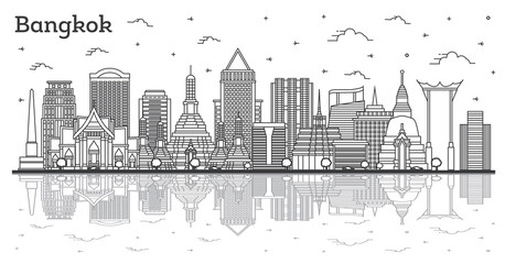 Naklejka premium Outline Bangkok Thailand City Skyline with Reflections, Modern and Historic Buildings Isolated on White.