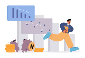 Financial crisis concept with down graph and chart, broken piggy bank and man run away with money. Vector flat illustration of economic decline, stock crash, finance loss