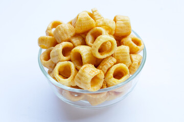 Crispy potato rings on white background.