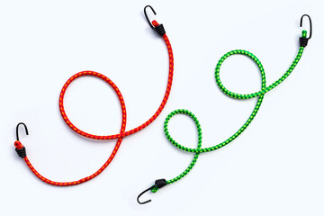 Braided elastic strap with hooks on white background.