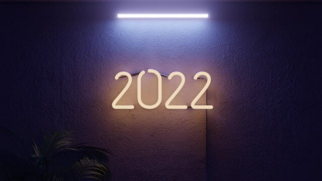 Abstract 3D blink yellow neon with number 2022 on blue concrete wall with leaves of plant. footage 3D rendering Seamless loop