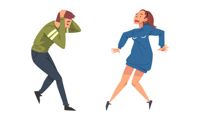 Panicked people set. Emotional man and woman under stress cartoon vector illustration