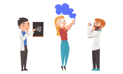 Chemists conducting experiments in scientific laboratory set cartoon vector illustration