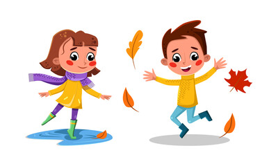 Happy kids playing with autumn leaves and walking through puddles in rubber boots cartoon vector