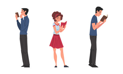 Obraz premium People holding books set. Male and female students or literature funs reading books cartoon vector illustration