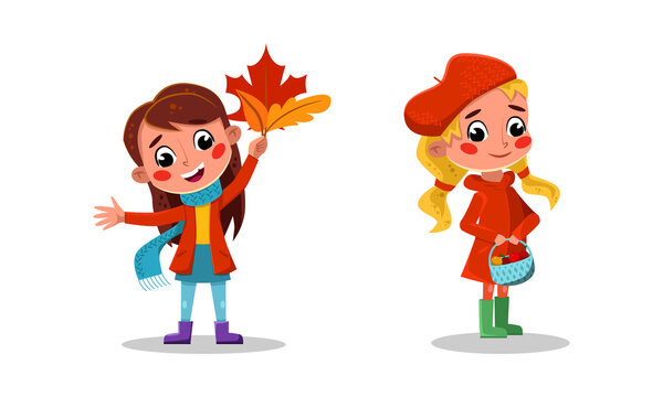 Happy girls playing with autumn leaves and picking apples cartoon vector illustration
