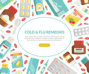 Cold and Flu Remedy with Pills and Medicine Landing Page Vector Template