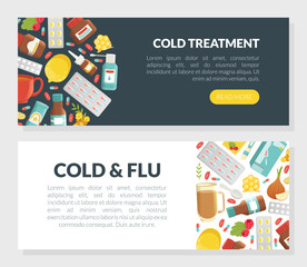 Cold and Flu Remedy with Pills and Medicine Landing Page Vector Template