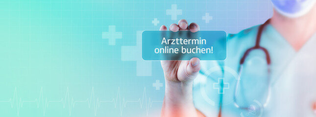 Arzttermin online buchen!. Arzt hält virtuelle Karte in der Hand. Medizin digital - obrazy, fototapety, plakaty