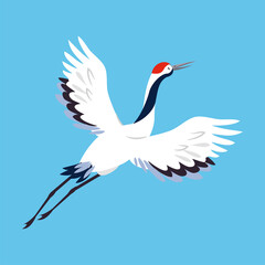 Red Crowned Crane as Long-legged and Long-necked Bird Flying with Spread Wings on Blue Background Vector Illustration