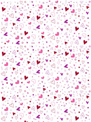 Pink, red and purple heart variety background with pattern of hand drawn hearts. Pretty, cute wallpaper for Valentine's Day, birthday celebrations, parties