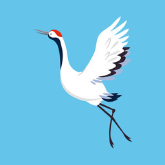 Red Crowned Crane as Long-legged and Long-necked Bird Flying with Spread Wings on Blue Background Vector Illustration