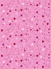 Pink heart variety background with pattern of red, pink and white hand drawn hearts. Pretty, cute wallpaper for Valentine's Day, birthday celebrations, parties