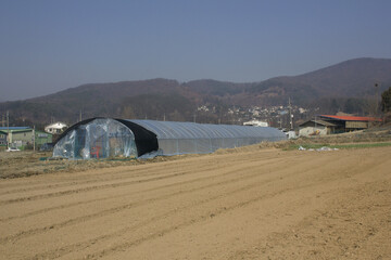 Obraz premium It is a well plowed winter field with a view of the green house.