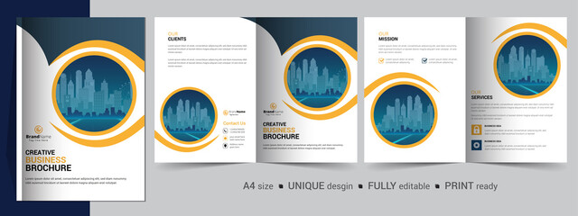 Bifold brochure template design, brochure template layout design, minimal business brochure design, annual report minimal company profile design, editable brochure template layout.