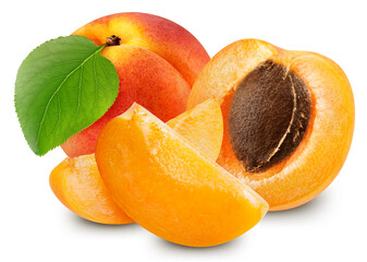 Apricot fruit with leaf isolate. Apricot slice and half on white. Apricot clipping path.