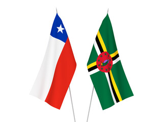 National fabric flags of Chile and Dominica isolated on white background. 3d rendering illustration.
