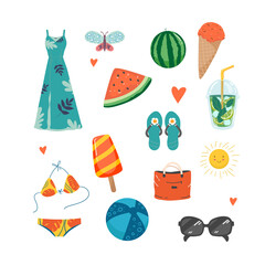 Fototapeta premium Set of cute summer icons dress sundress flip flops, mojito, ice cream, butterfly, watermelon, bag, glasses, sun, flip flops, beach ball. Bright summertime poster. Collection of scrapbooking elements