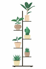 Indoor plants on the shelf, hand drawn style, green potted plants vector set.
