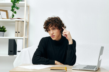 man laptop sitting on white sofa online training Lifestyle technology