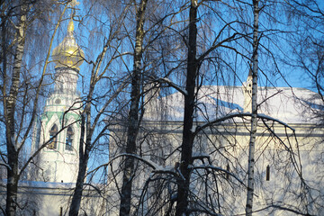 Winter landscape. Fairy-tale beauty of snow-covered streets. Snowfall and cooling in tourist areas.