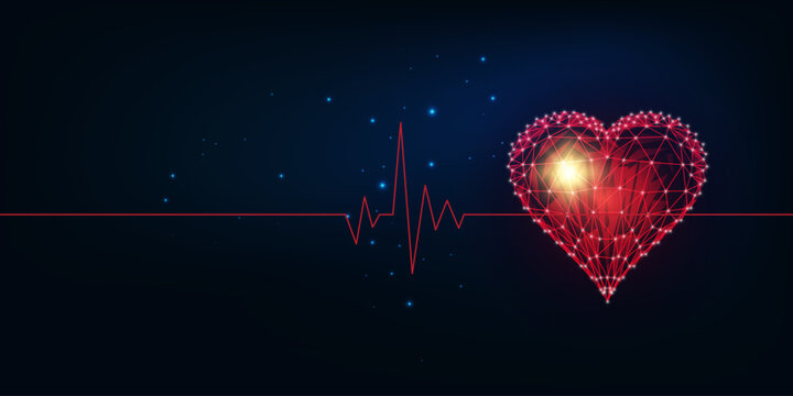  Futuristic cardiogram banner concept with glowing low polygonal red heart symbol and place for text