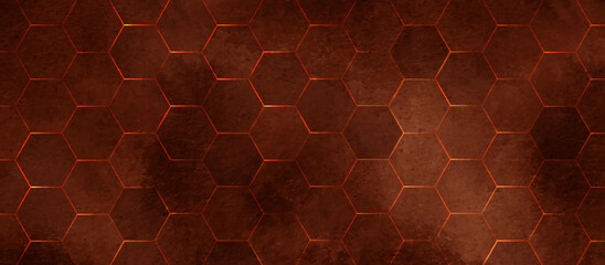 Abstract geometric honeycomb hexagon background on brown or orange texture. Abstract colorful grunge brown background texture for construction, cover, card, decoration and design.