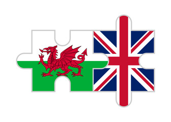 puzzle pieces of wales and united kingdom flags. vector illustration isolated on white background	