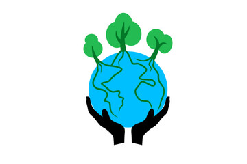 Hands Holding The blue Earth Globe with tree , Vector Illustration