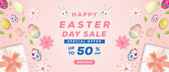 Fototapeta na wymiar easter day sale 3d illustration banner horizontal with ornaments eggs, gift boxes, and rabbit