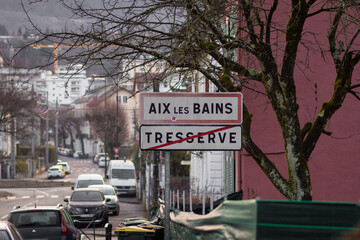 aix les bains- france. 18-02-2022. The entrance sign to the city of Aix-les-Bains in France - obrazy, fototapety, plakaty