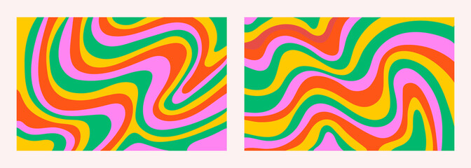 Retro set colorful psychedelic horizontal  backgrounds in style 60s, 70s. Trendy abstract hand drawn waves. Vector illustration	