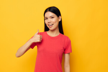 woman red t-shirts posing modern style isolated background unaltered