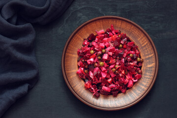 Vinaigrette, vegetarian salad with beetroot and other vegetables.