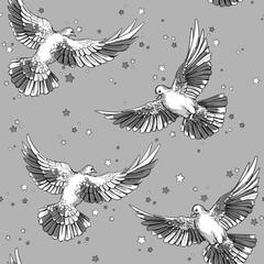 Seamless pattern with doves and stars. Stylish  background. Summer textile print