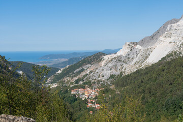 Italian marble quarry overlooking the Mediterranean Sea in Carrara, Tuscany.