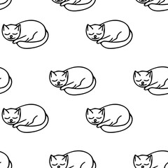 cat sleeps seamless pattern hand drawn doodle, vector. line art, nordic, scandinavian, minimalism, monochrome. wallpaper, textiles, print, wrapping paper, background.