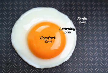 Fried egg in a pan. Comfort zone. Learning zone. Panic zone. Concept